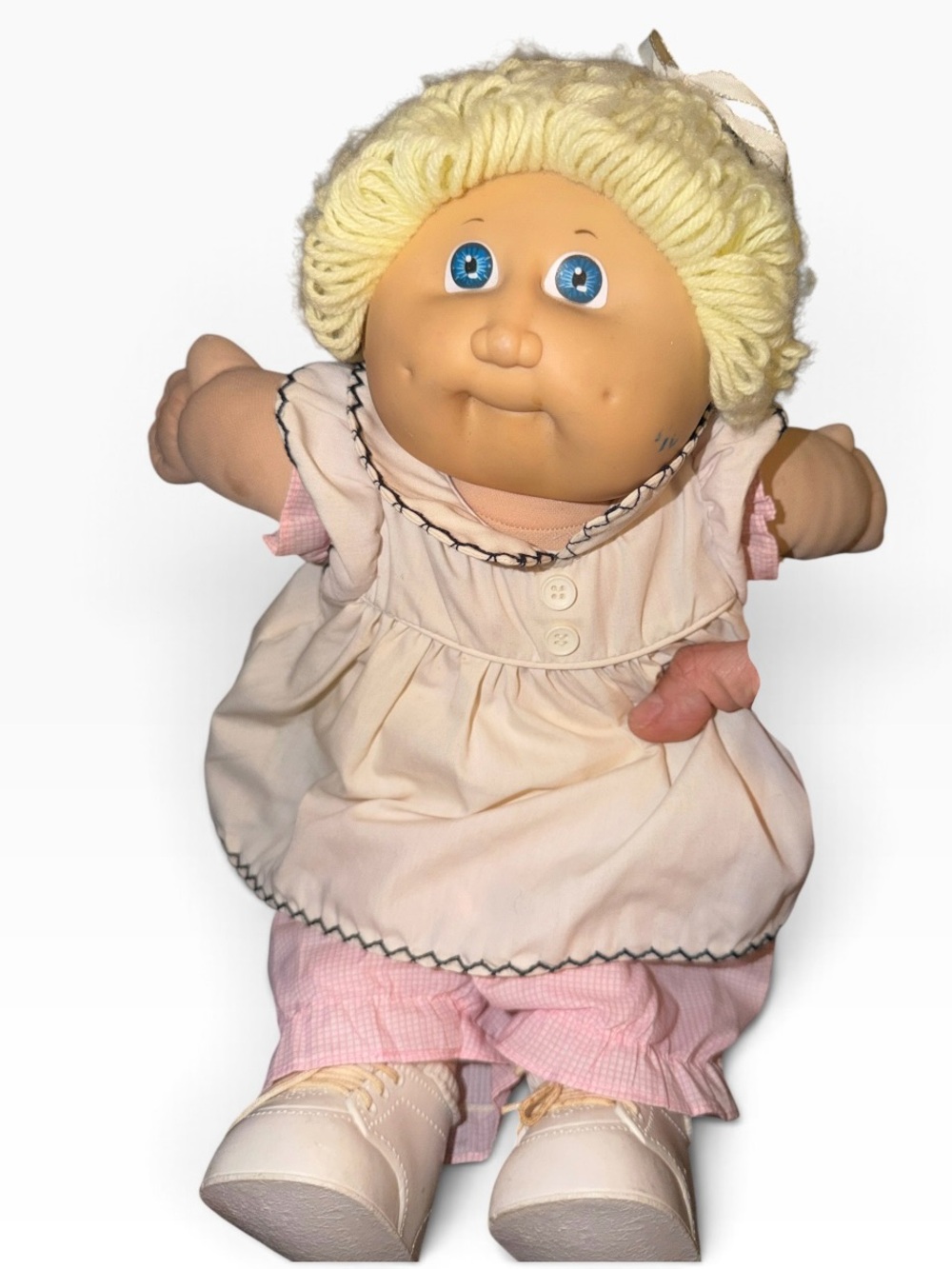 VTG 1985 Cabbage Patch Kid Girl Doll Lemon Yellow Loops Blue Eyes Coleco Dress